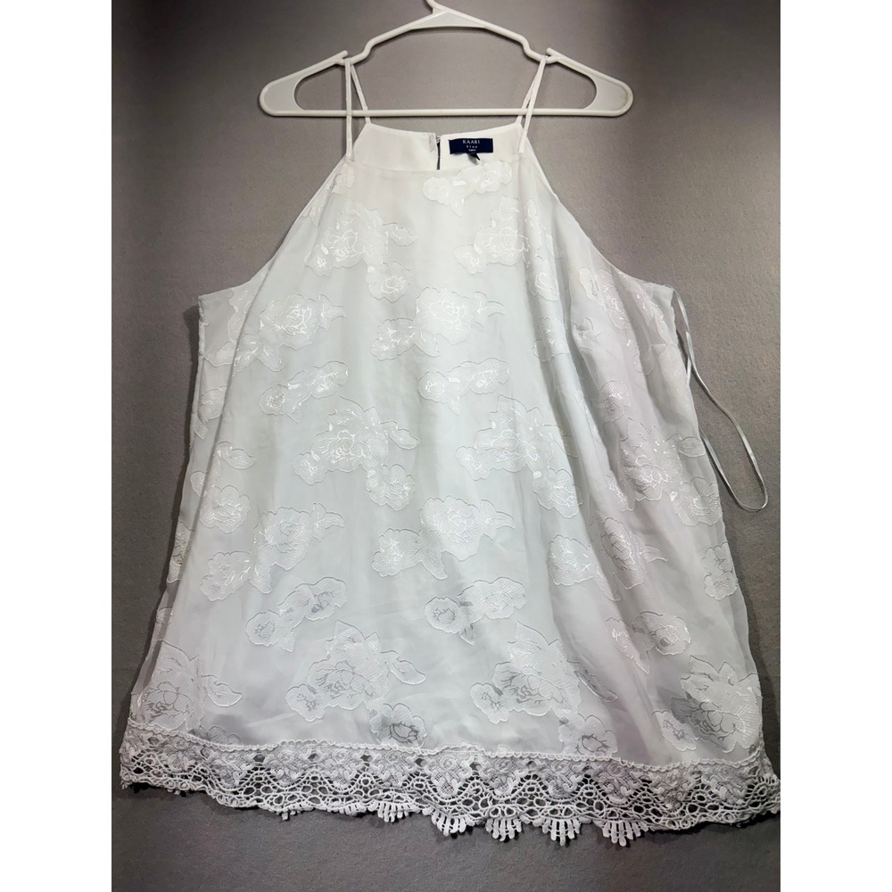 Kaari Blue Curvy 1X White Floral Jacquard Cold Shoulder Halter Blouse Lace Top